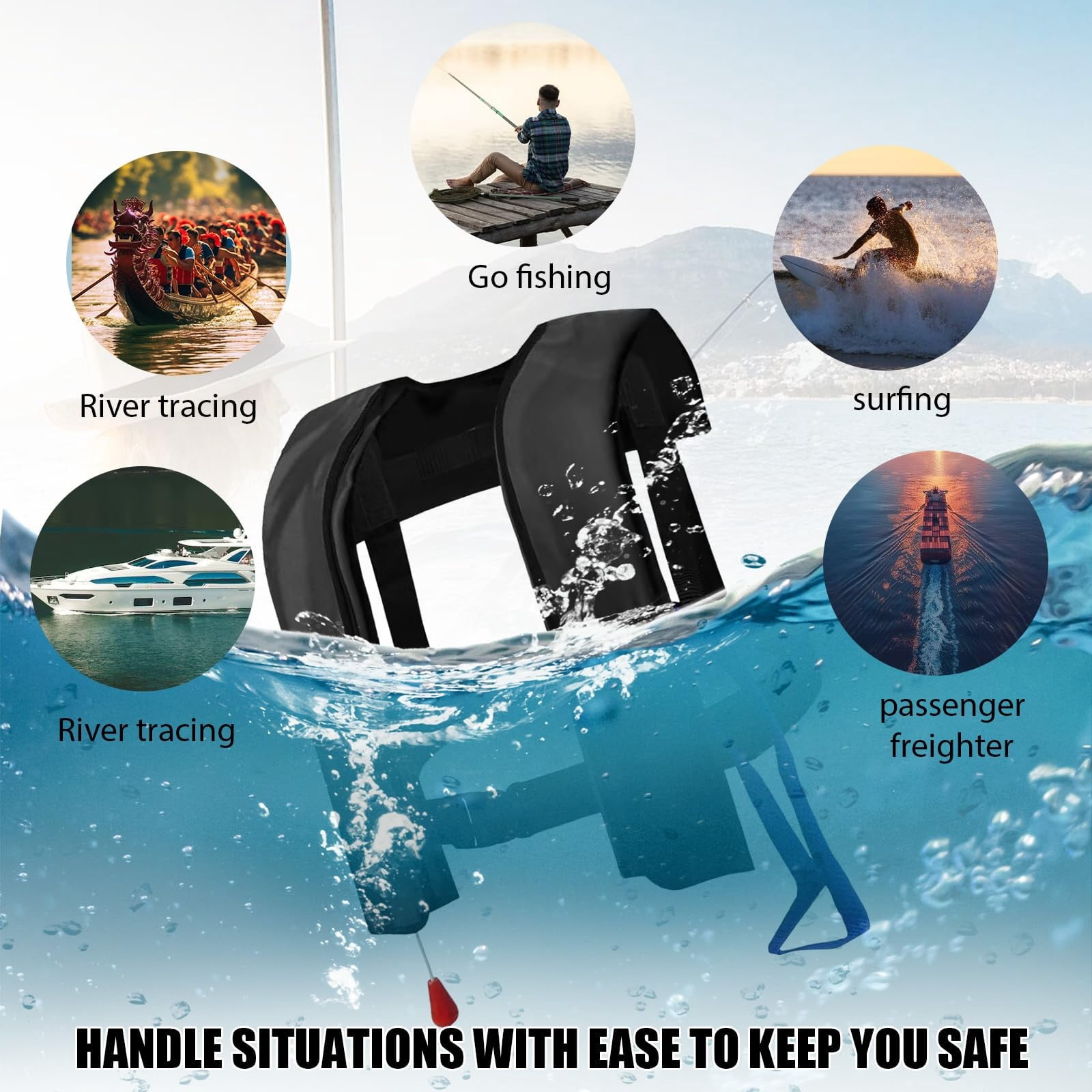 Automatic Inflatable Life Jacket with Whistle, Lightweight Inflatable Life Vest with Reflective Strips, Adult Life Preserver for Fishing, Boating, Kayaking, Surfing,1PC