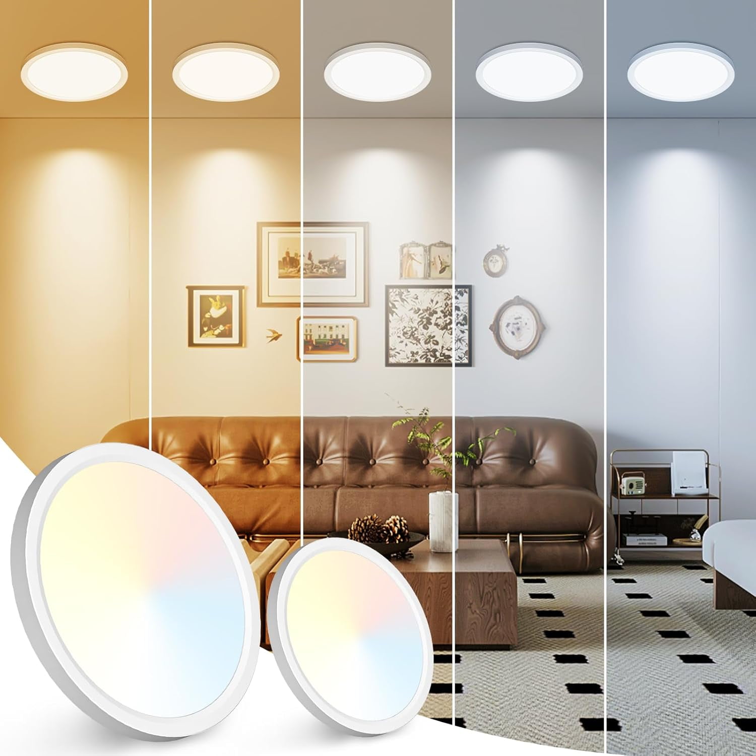 RGHJAR-7 inch LED Ceiling Light, 3000K/3500K/4000K/5000K/6500K Adjustable Flush Mount Light Fixture,1500LM 15W Thin White Round Lamp for Hallway Kitchen Bathroom Bedroom, 2Pack