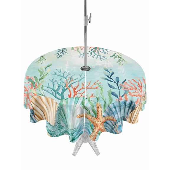 Outdoor Tablecloth with Umbrella Hole for Patio/Picnic/Party/Camping, Ocean Starfish Seaweed Waterproof Table Cloth Round Cover Washable, Summer Coastal Beach Shell Coral Teal (Dia 60")