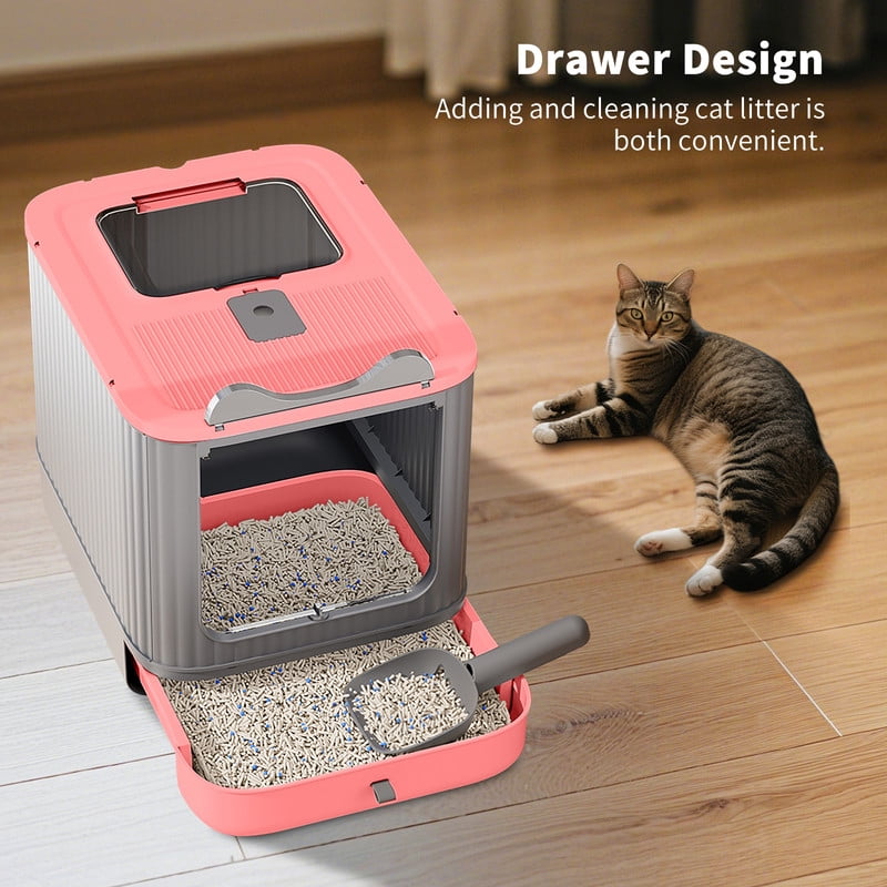 Qifang Elevated Cat Litter Box, 17.7x14.2x13.8in Leak Proof Top Entry Enclosed Cat Toilet with Scoop, Large Litter Pan for Multi-Cat Home, Pink