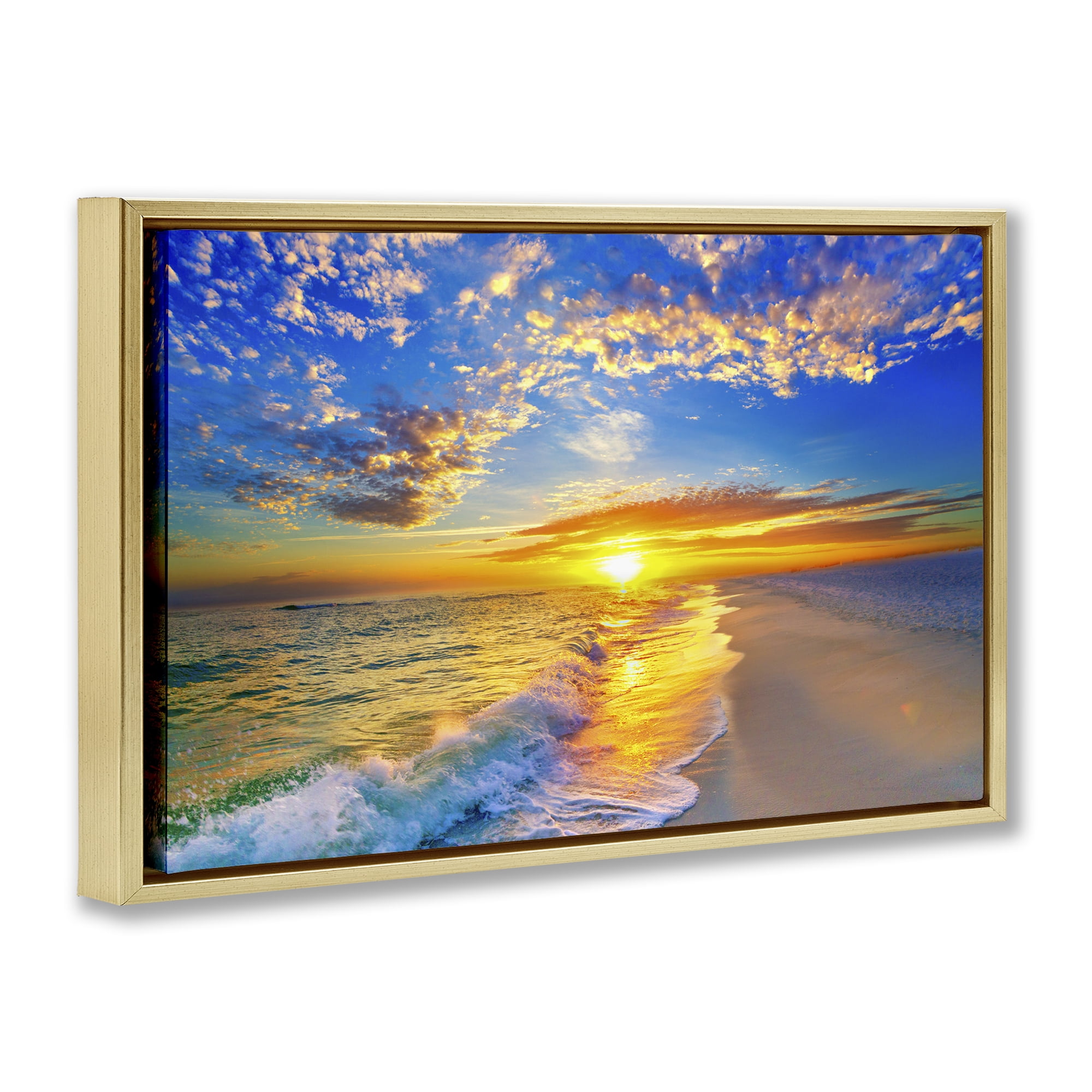 Stupell Industries Golden Sunset Beach Blue Sky Gold Framed Floater Canvas Wall Art, design by Eszra Tanner