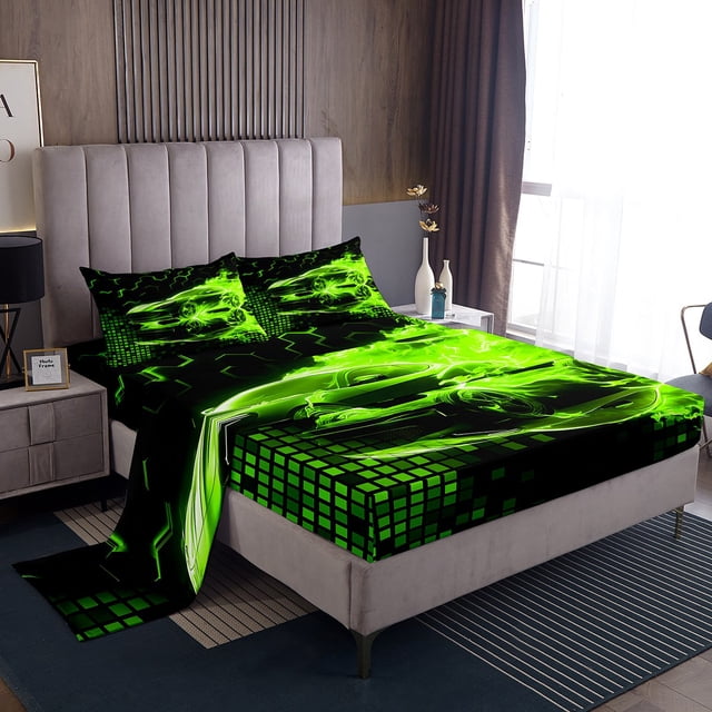 Erosebridal Sports Car Sheet Set Twin, Neon Green Bedding Sets Twin Size, Racing Car Decor 3-Piece