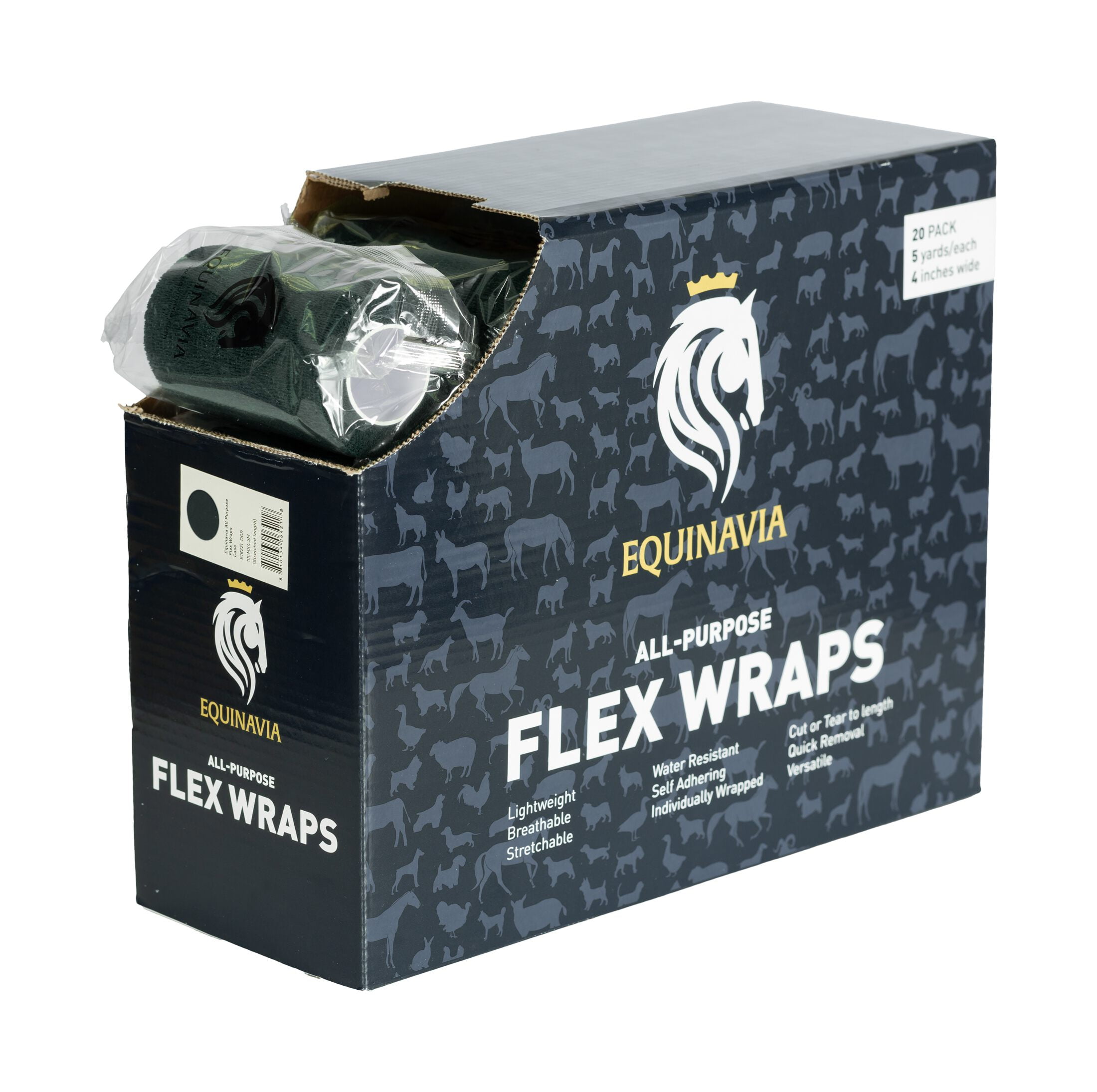 Equinavia 20 Pack Self Adhesive 4 Inch Vet Wraps with Easy-Dispenser Case | Bandages for Horses, Pets, Sports, Tattoo - Black - 20 x 5 yd