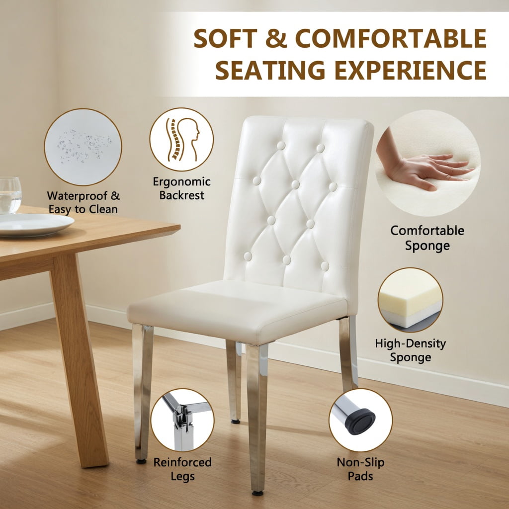 Hommoo 2-Pack PU Dining Chairs with Ergonomic Buckle Backrest, 35" Height, Modern Metal Frame, Easy-Clean Upholstery for Home & Commercial Use, Light Gray & Sliver