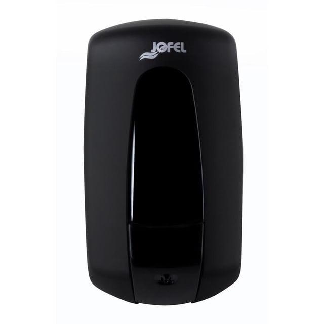 dispensador de jabón jofel aitana negro mate recargable 1 litro, vista frontal centrada con cuerpo de plástico ABS negro mate y ventana de depósito, logotipo Jofel en la parte superior y pulsador inferior; incluye kit de instalación, apto para jabón o gel antibacterial, también usado frecuentemente para estaciones de higiene en oficinas y comercios.