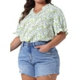 thumbnail image 5 of Agnes Orinda Women's Plus Size Floral Tops Ruffle V Neck Puff Short Sleeve Summer Casual Blouse 2X Green, 5 of 7