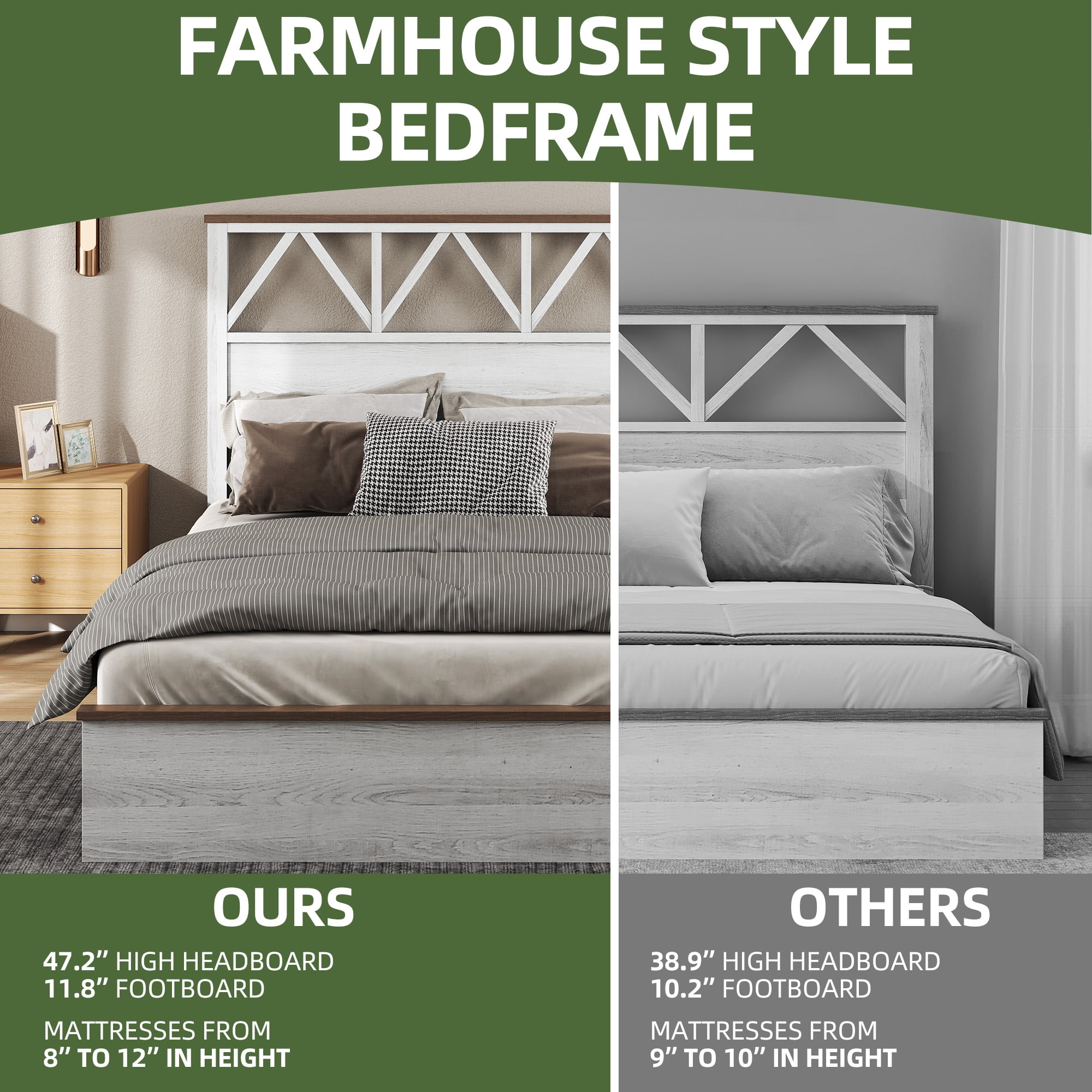 Uforic Full-Size Bed Frame with V-Pattern Headboard, Noiseless Slats, No Box Spring Needed, Washed Gray
