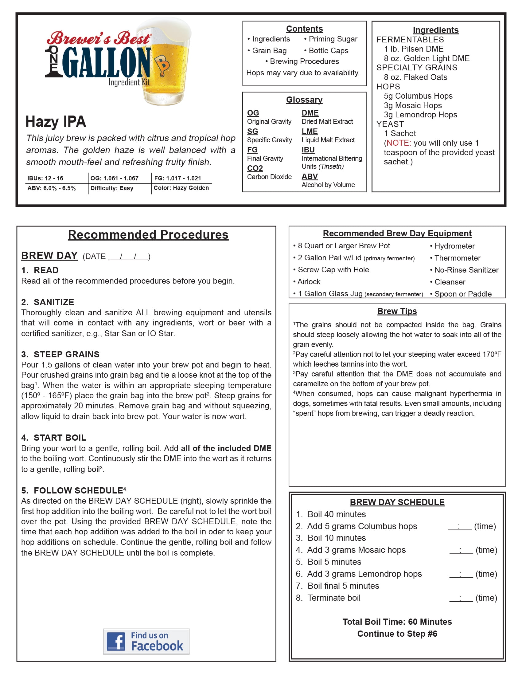 Brewer's Best Hazy IPA One Gallon Beer Ingredient Kit