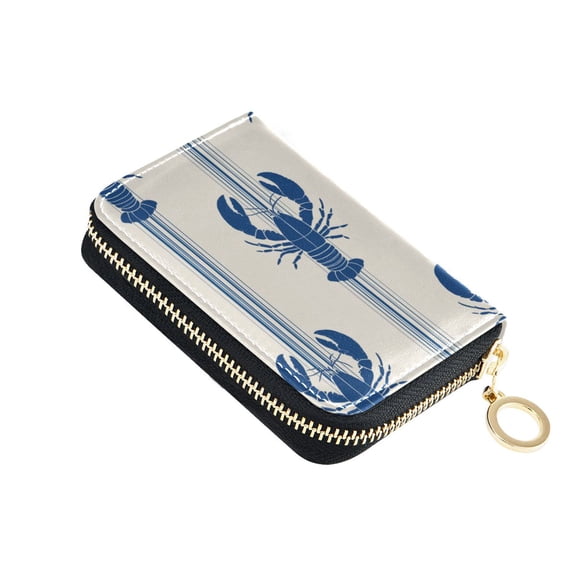 Blue Stripes with Lobsters Women's Credit Card Holder PU Leather Zipper Wallet RFID Blocking