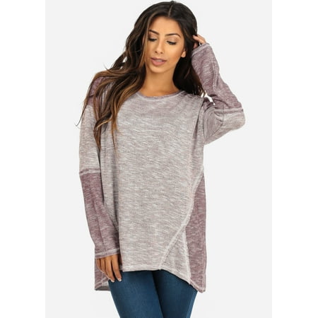 Modaxpressonline Womens Juniors Wine 2 Toned Long Sleeve Basic