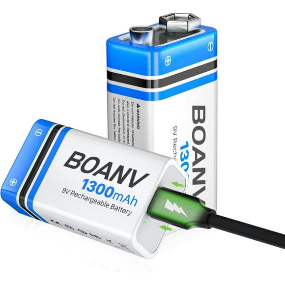 AIR-2PCS 1300mAh 9V Rechargeable Batteries, 9V Rechargeable USB Lithium Long Lasting Battery, with 2 in 1 Charging Cable, for Smoke Detectors, Alarms, Keypad, Microphone