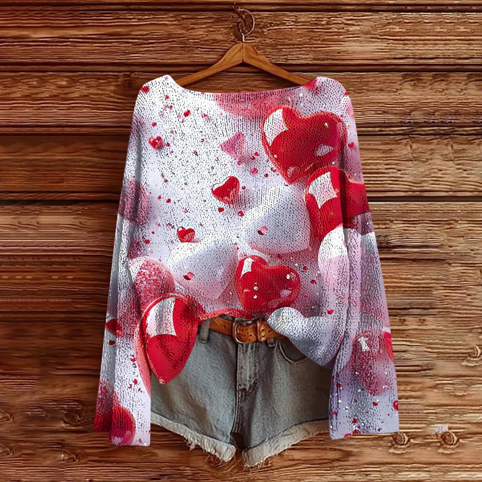 asdoklhq Valentine Day Tops for Women Winter Heart Printed Long Sleeved Round Neck Pullover Fashion Casual Loose Top Red XL