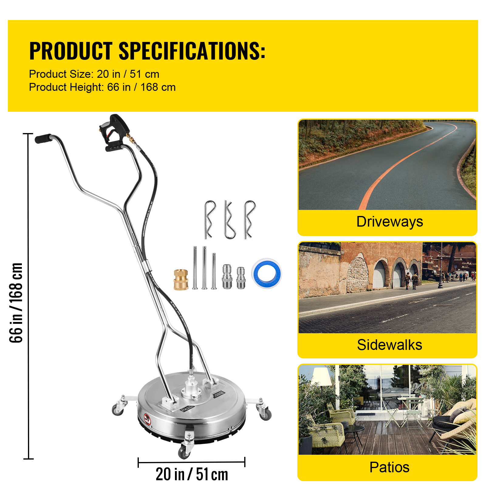 BENTISM 2 Nozzles 20" Pressure Washer Surface Cleaner , Max. 4000 PSI Pressure, for Cleaning Driveways, Stainless Steel Frame w/ Rotating Dual Handle, Wheels, Fit for 3/8" Quick Connector