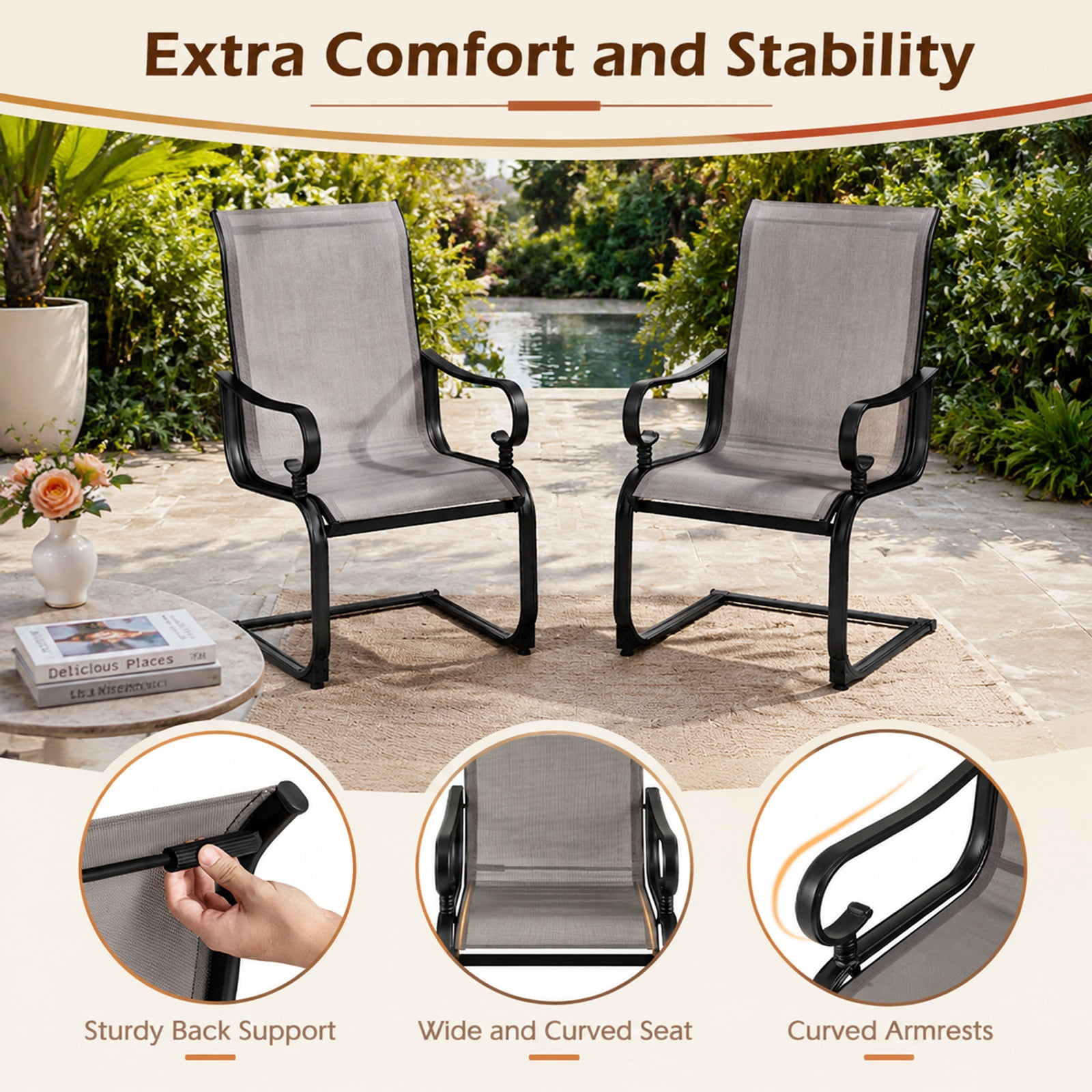 Furnibear Set of 2 Patio Chairs with Quick-drying Breathable Fabric and 15 Degree Rocking Motion for Backyard Pool and Porch, Gray