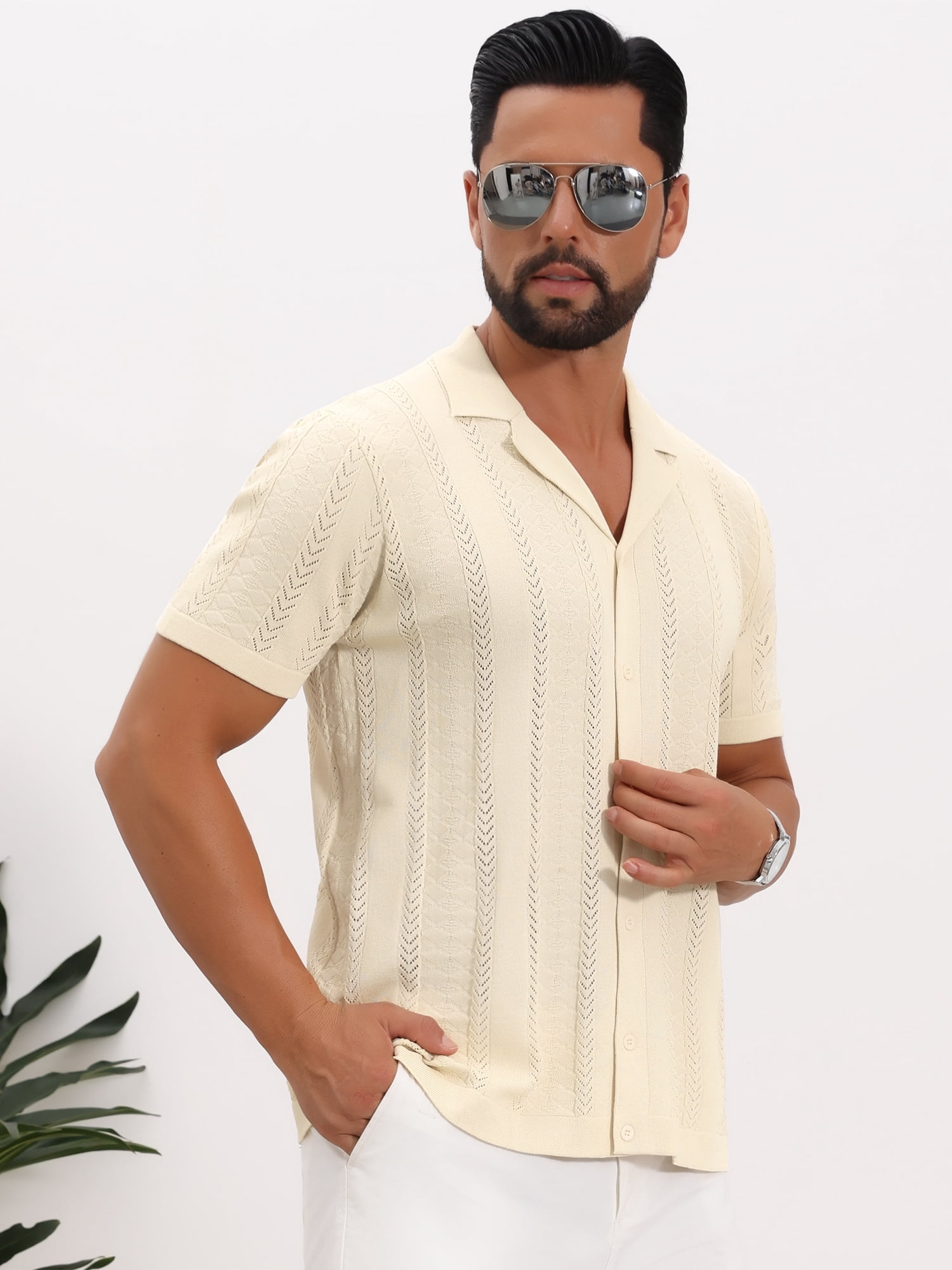 DARING DIVA Men's Hollow Knitted Shirt Short Sleeve Button Down Striped Shirts XL Beige