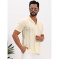 thumbnail image 4 of DARING DIVA Men's Hollow Knitted Shirt Short Sleeve Button Down Striped Shirts S Beige, 4 of 7
