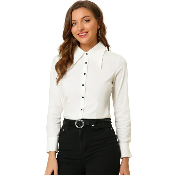 INSPIRE CHIC Camisa De Chifón De Manga Larga Con Cuello En Punta Para Mujer Blanco L