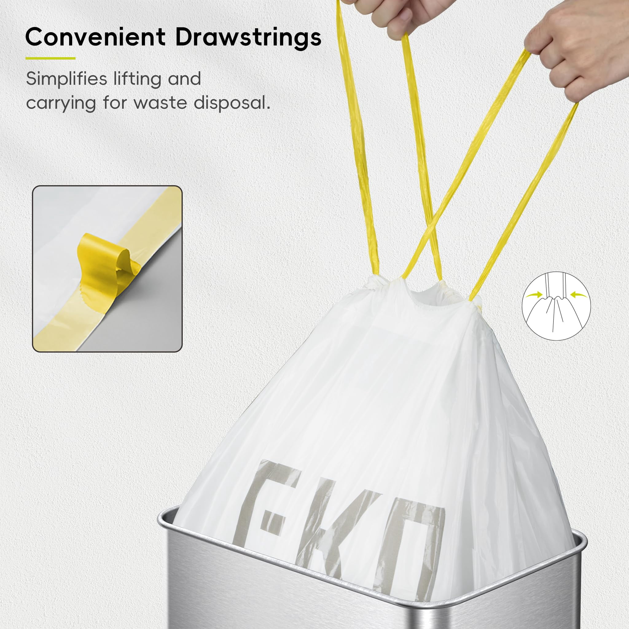 Eko 12.9 Gallon / 45-49 Liter  60 Count Drawstring Trash Bags Extra-strong Unscented Garbage Easy-dispense Roll For Kitchen & Household Use Resists Tears Leaks And Punctures Code J White