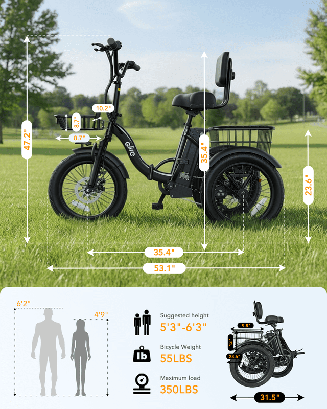 Qlife Electric Tricycle for Adults, 18" Folding Electric Trike, Peak 750W Motor 48V 10.4AH Step-Thru Etrike, 18MPH Up to 50 Miles 3-Wheel Electric Bike (Black) with Mirror & Phone Bag