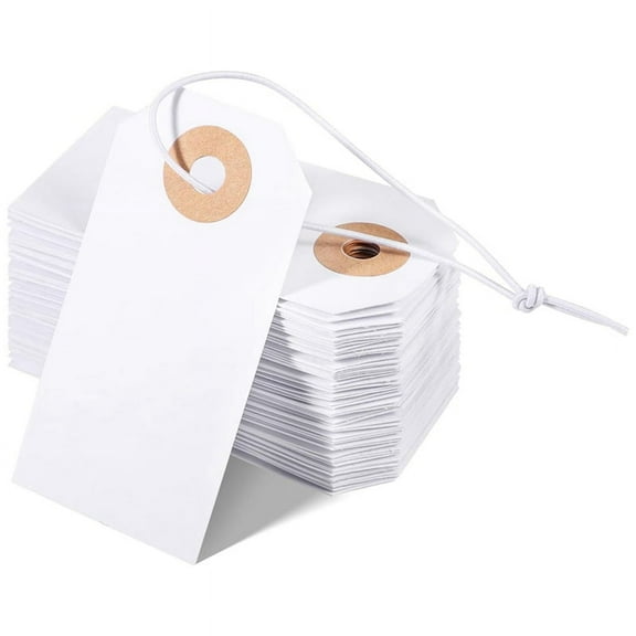 100 Pack Blank Tags with Elastic String Marking Hang Attached Reinforced Hole Writable 2.75x1.37Inch
