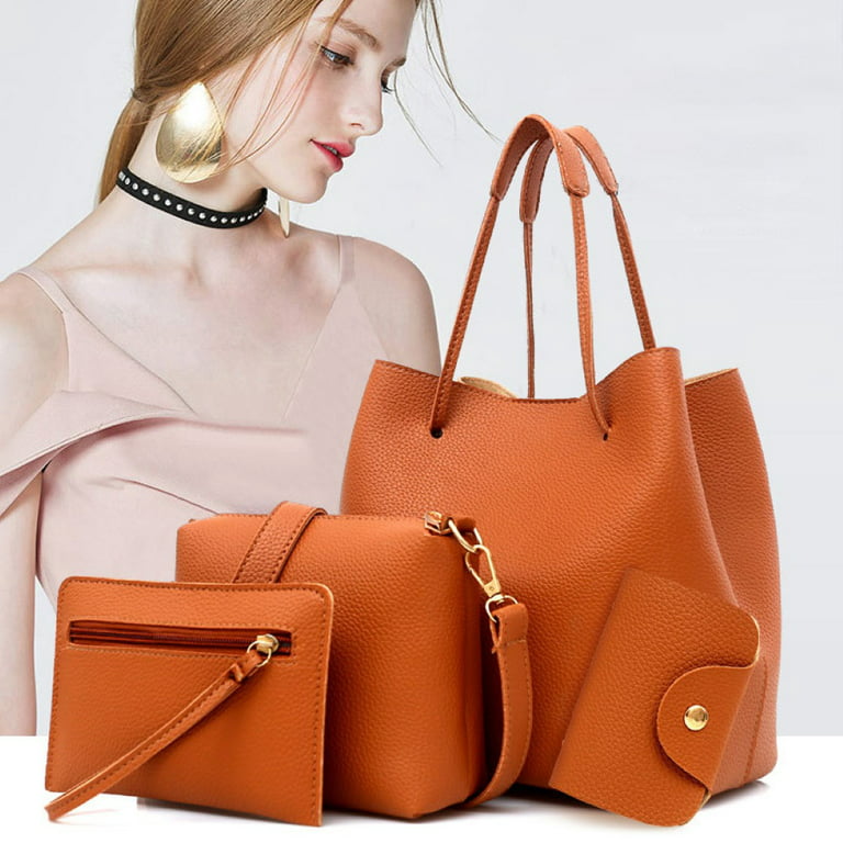 4Pcs Women Fashion Bag Solid Color Soft Faux Leather Shoulder Bag