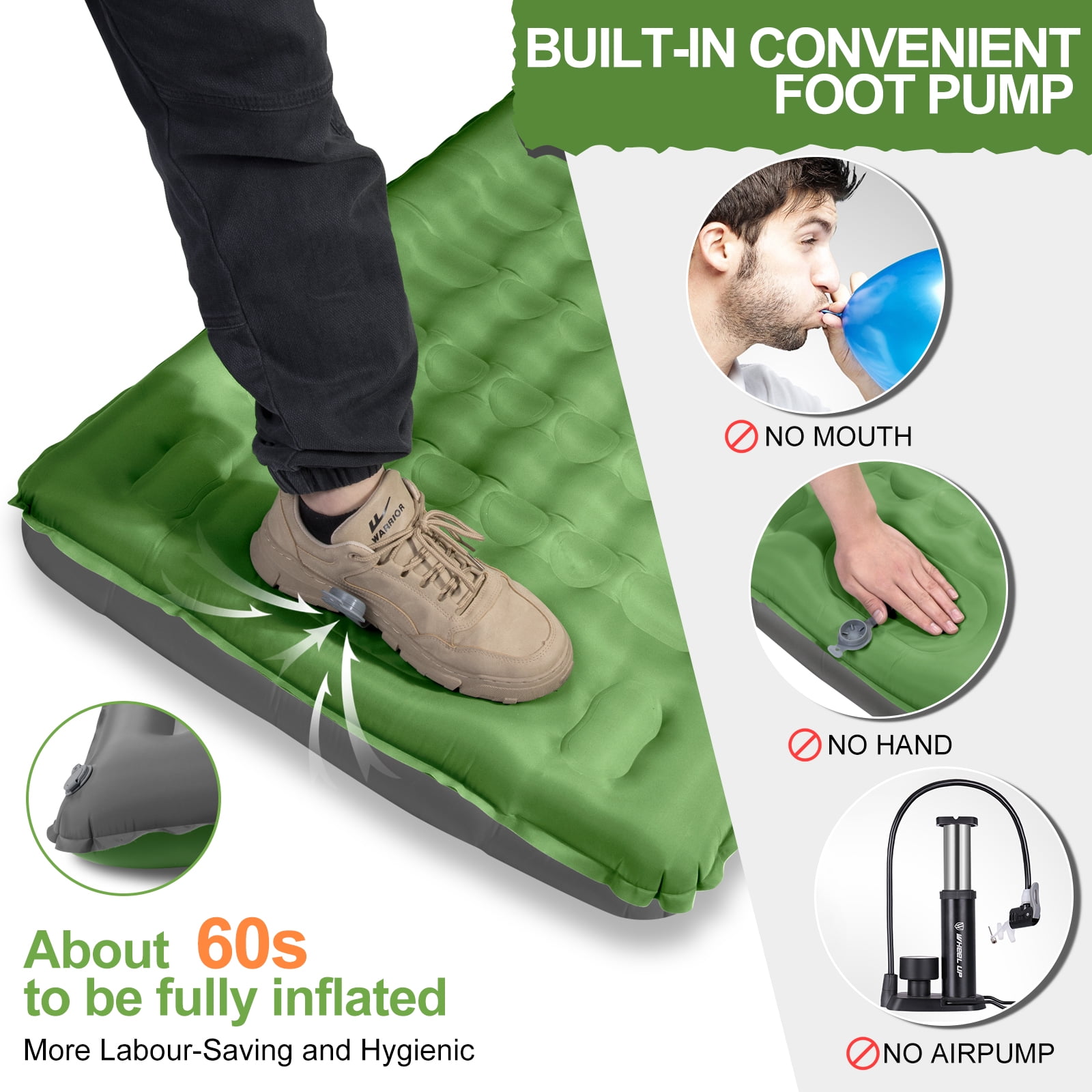 WARMTUYO Sleeping Pad Inflating Built-in Foot Pump, 78.74x26.77x4.72in Thickened Camping Mats with Pillow, Waterproof Camping Mattress for Outdoor Hiking Camping Traveling Cot - Green