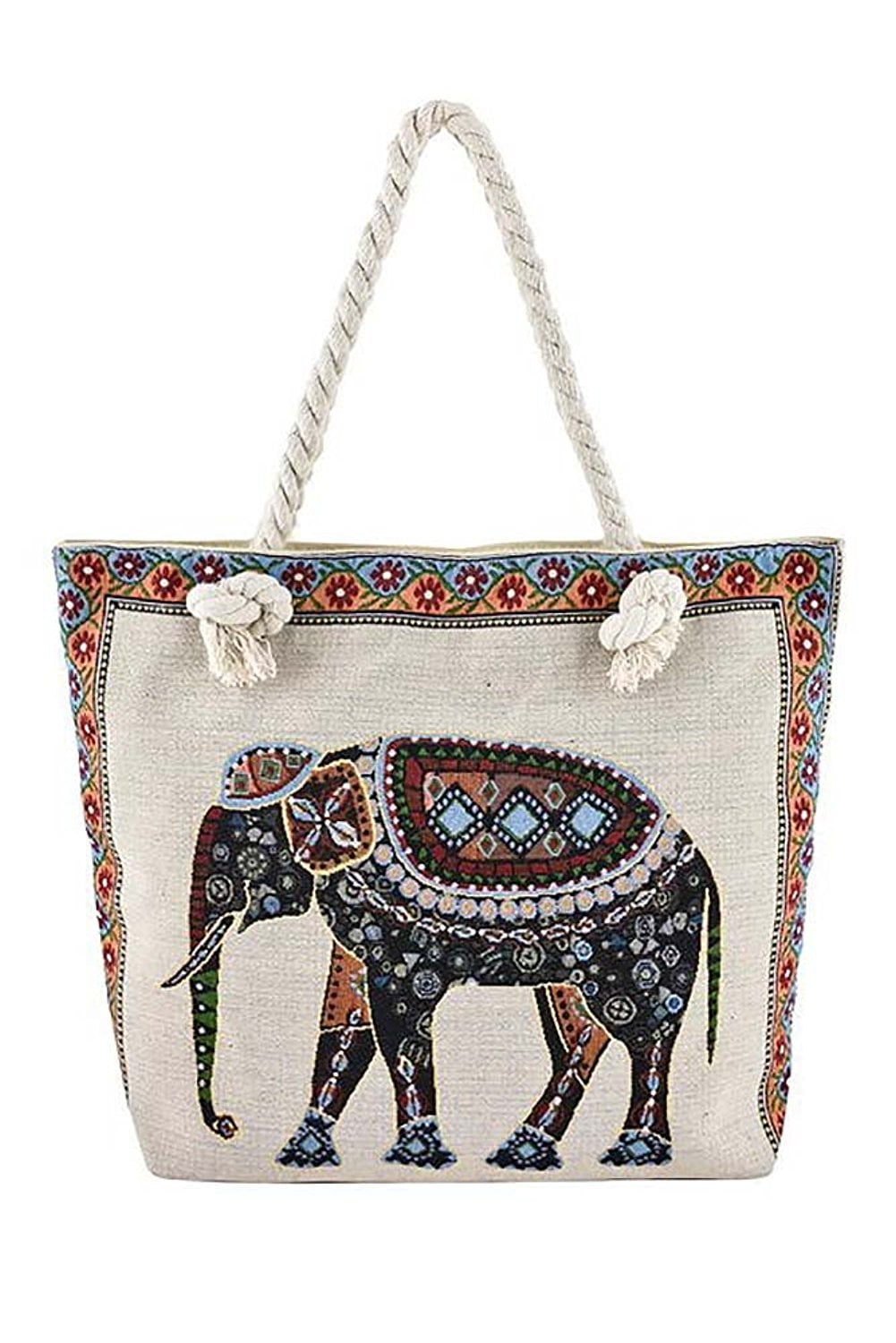 Tribal Elephant Canvas Tote Bag Large Oversized Jacquard Textured Handbag Boho 