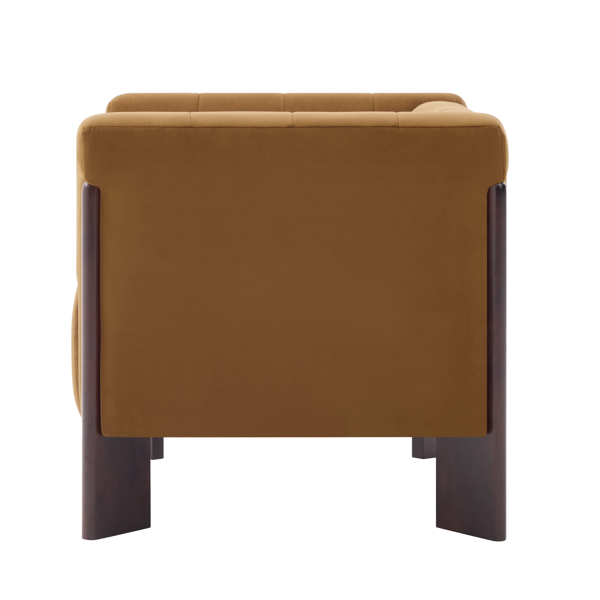 Leumius Modern Accent Chair, Velvet Single Sofa Chair with Tight Back, Round Arms, Vertical Channel Tufted Back and Walnut Rubber Wood Legs for Living Room, Bedroom or Reading Corner, Brown