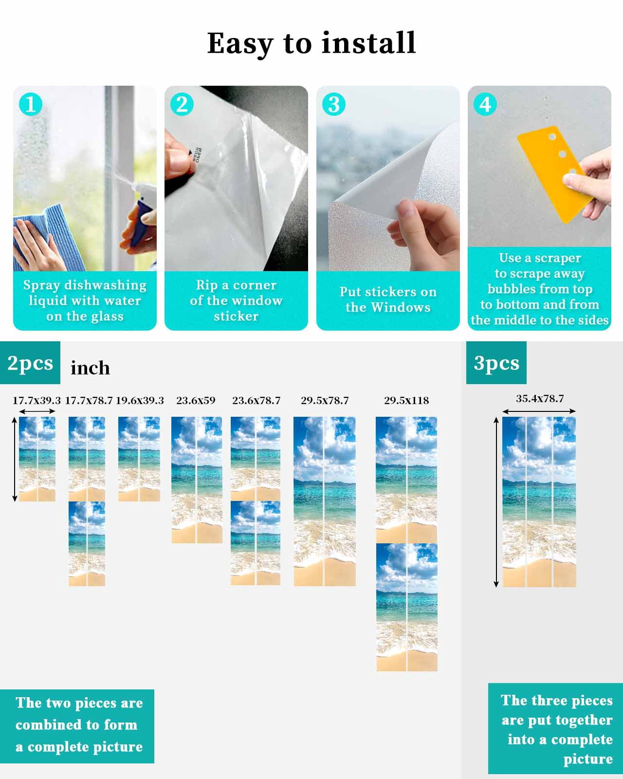 Window Privacy Film Ocean Beach Stained Glass Window Film Decorative Sun Block Window Cover Blue Sky Waves Sand Horizon Shore Summer Window Clings Static Adhesive Sticker for Bathroom 23.6"x59"