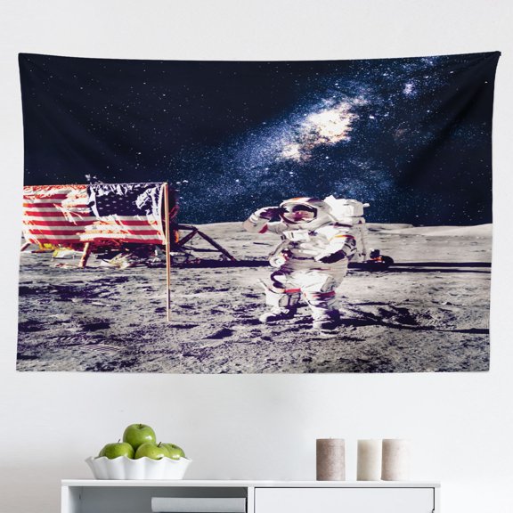 Galaxy Tapestry, Astronaut on Rocky Surface of Moon American Flag USA Rocket Traveling Space Art, Fabric Wall Hanging Decor for Bedroom Living Room Dorm, 2 Sizes, Grey Navy Blue, by Ambesonne