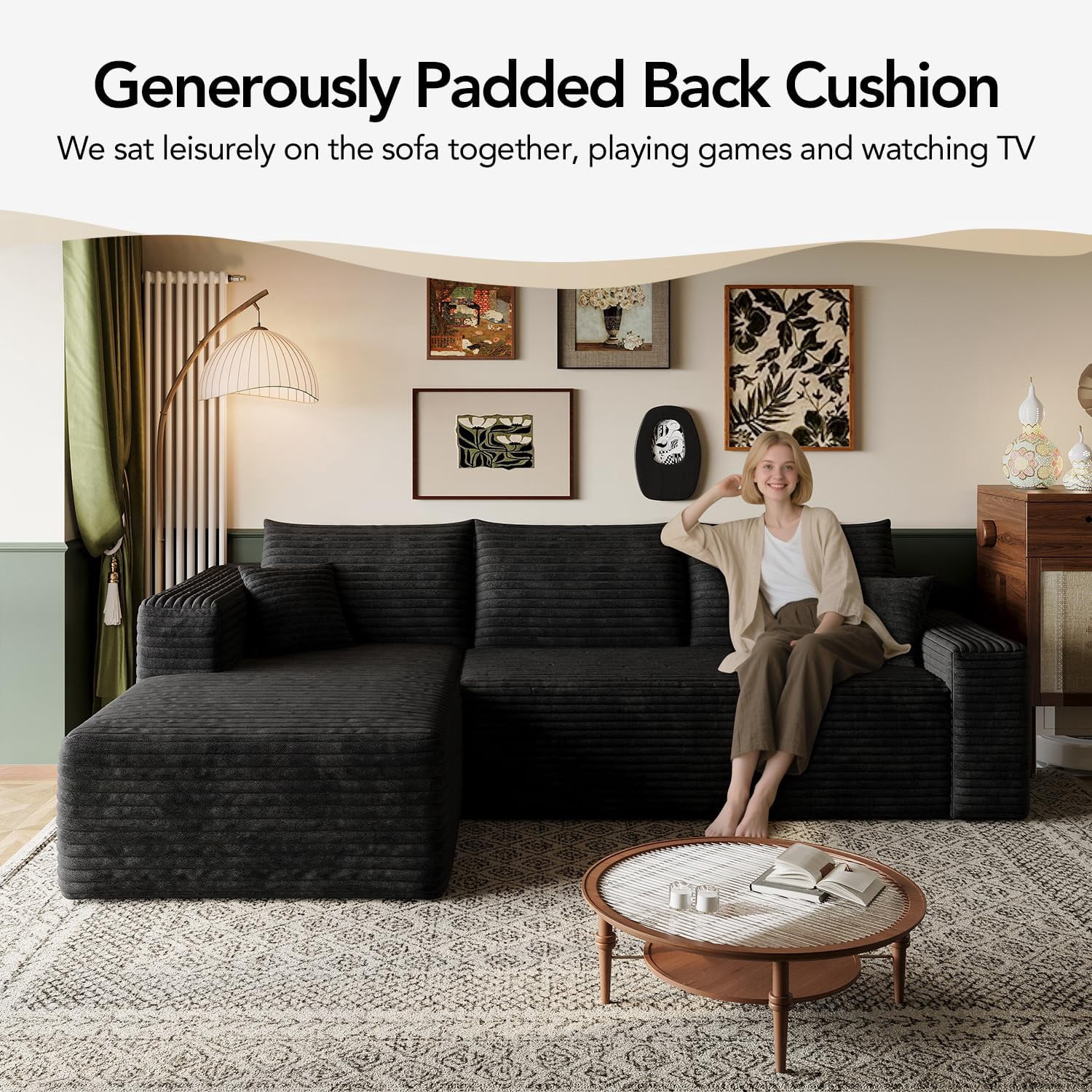 103" Cloud Sectional Sofa, Modern L Shaped Deep Seat Couch, Plush Corduroy Upholstered Sofa No Assembly, Living Room
