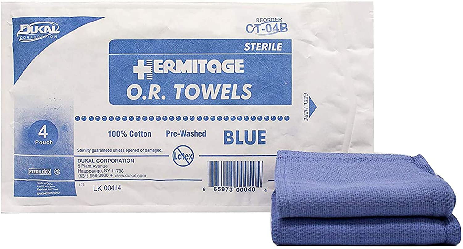Pack of 4 OR Towels for Medical Facilities Blue Color. Sterile Absorbent Towels Latex-Free Pre-Washed 100% Cotton Operating Room Towels 17” x 26”