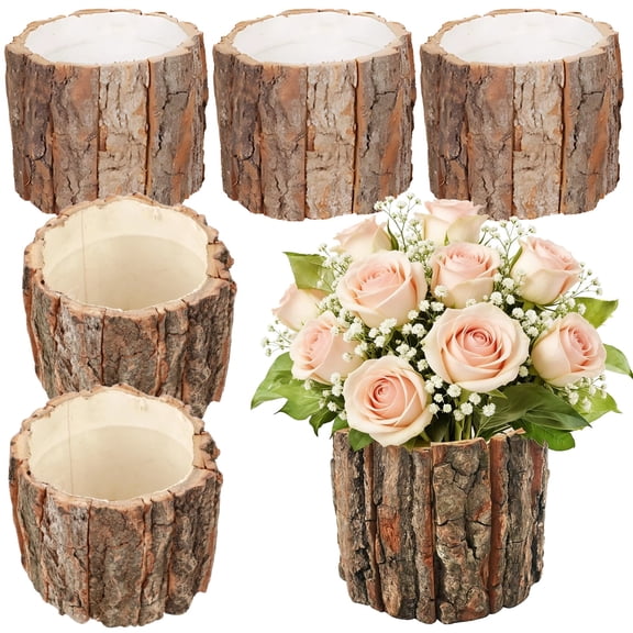 6 Pcs Tree Stump Planter Pot, Rustic Wooden Vases for Centerpieces, 4.9 in Wood Vases with Bark, Decorative Flower Pot for Home Wedding Decor, Pen Holder
