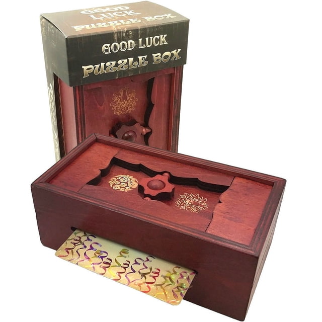 Good Luck Puzzle Box Secret: tarjetero para dinero y tarjetas de regalo en una cerradura de madera con truco de magia con compartimento oculto, alcancía, juego acertijo