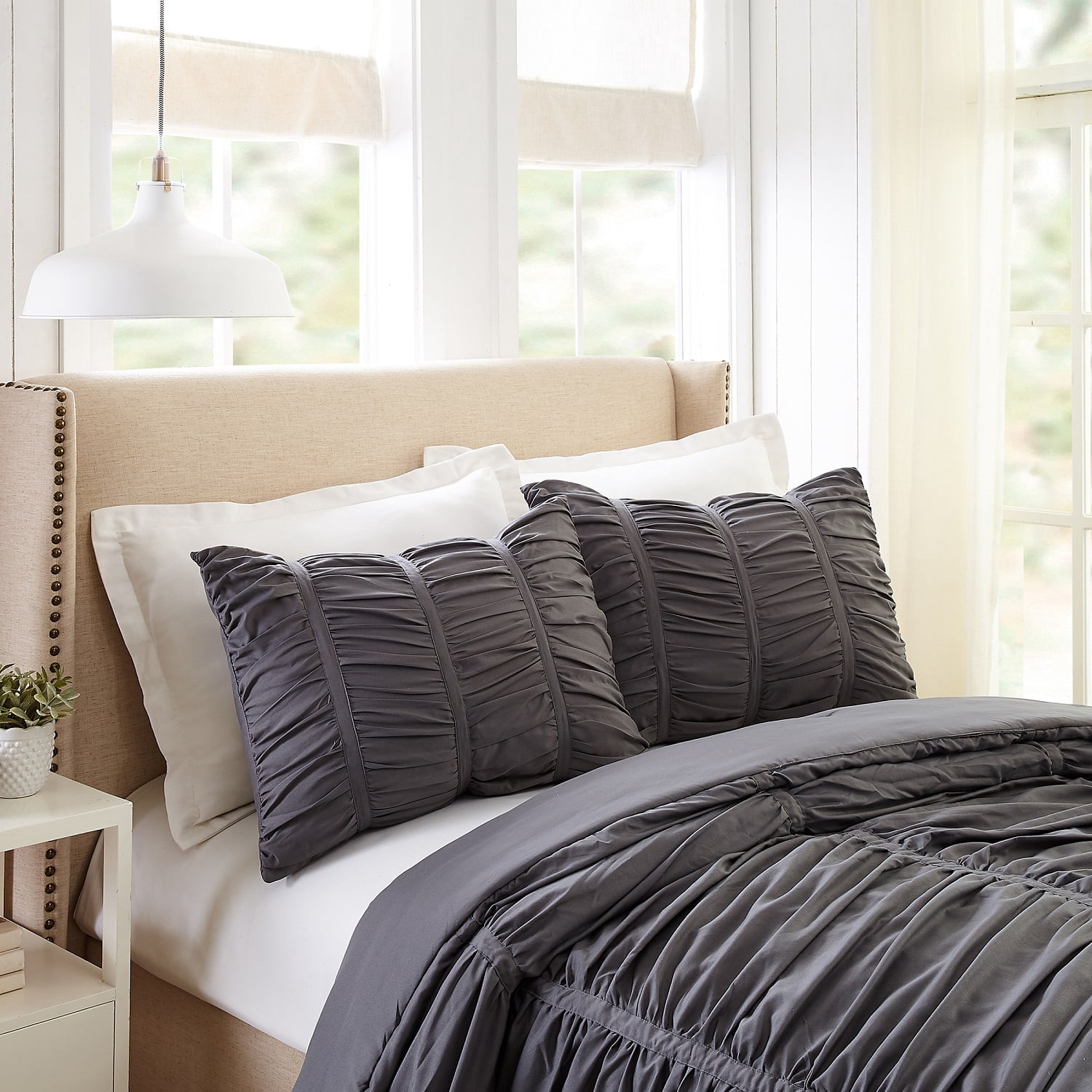 Modern Heirloom Emily Dark Gray 3-Piece Pleated Comforter Set, Full/Queen