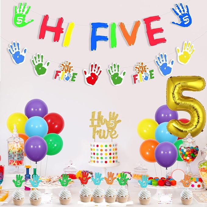 Hi Five Birthday Party Decorations, 5th Birthday Decorations for Boys Girls, Hi Five Banner Garland Cake Cupcake Toppers Number 5 Foil Balloon for 5 Year Old Bday Party
