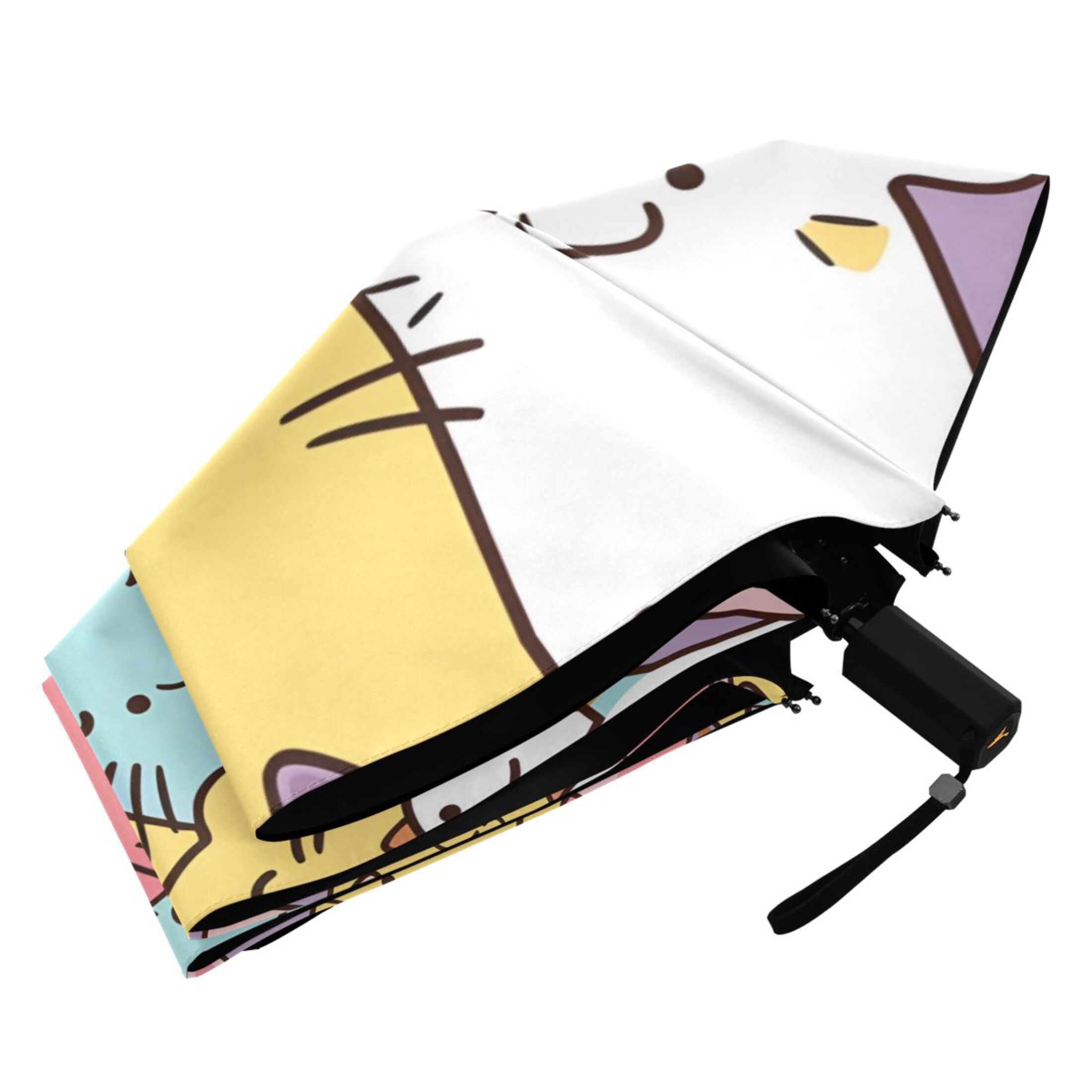 Cute Cartoon Cat Faces All Weather Umbrella Triple Folding Parasol 6 Ribs UV Protection Portable