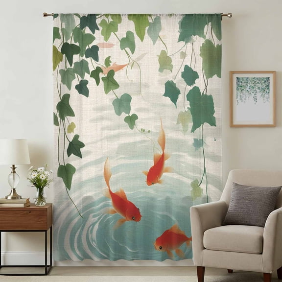 Japanese Carp Fish Sheer Curtains 54 Inches Long, Oriental Art Vintage Leaves Vines Koi Fish Light Filering Curtains, Breathable Simi Curtain Privacy Drapes for Kitchen Bathroom Window Treatment
