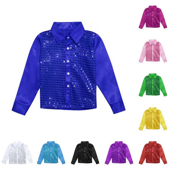 Glisme Tops For Boy 7-8 Years Lapel Button Down Long Sleeve Jazz Dance Performance Blouse Sparkly Sequin Dance Shirts Lightweight Wear Blue