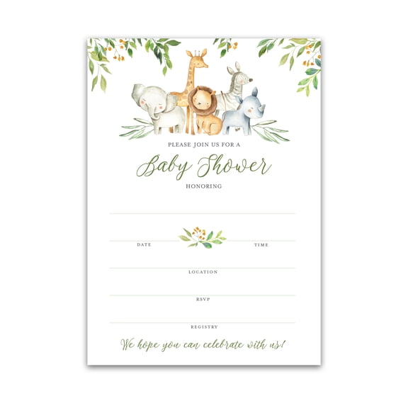 SAFARI ANIMALS Baby Shower INVITATIONS — Pack of 25-Blank Fill-in INVITES, Green Rustic Forest Jungle Animal Theme, Couples Shower Co-ed Shower Invitation Coed Gender Neutral Elephant Lion I550-INV1