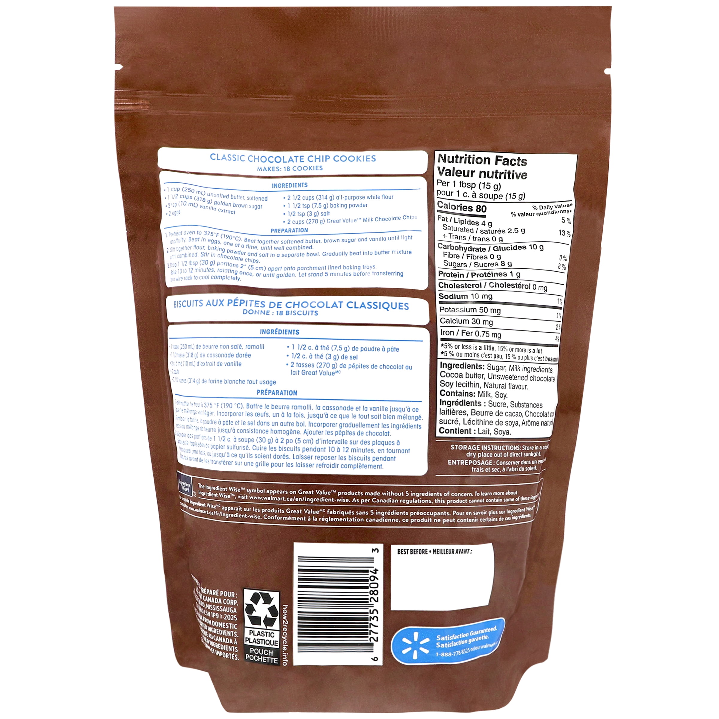 Pépites de chocolat au lait Great Value 775 g