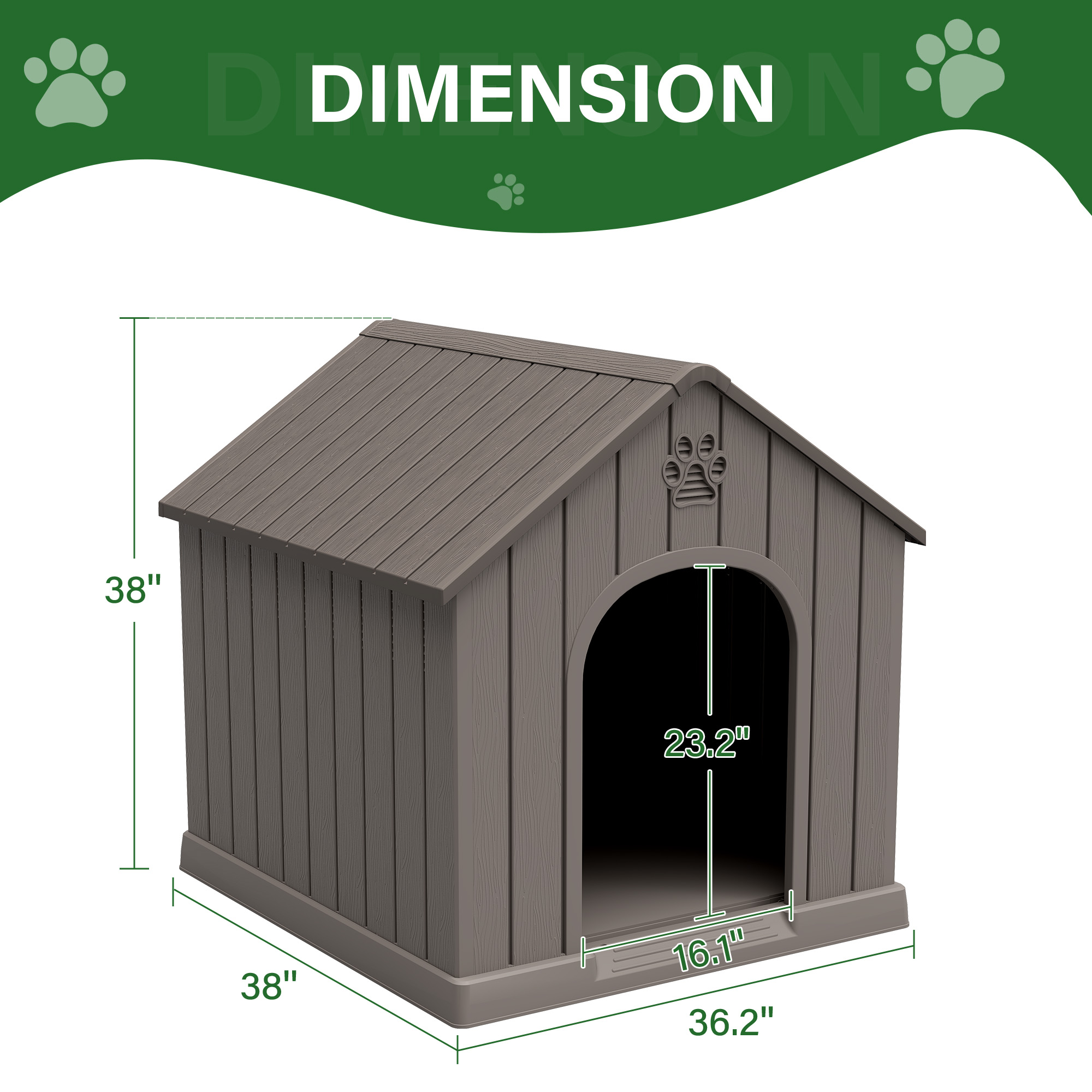 Nihsuao Dog House for Medium Large Dogs, Durable PP Waterproof Outdoor & Indoor Dog Shelter with Air Vents, Elevated Floor, Easy Clean and Assemble, Gray (36.2"L×38"W×38"H)