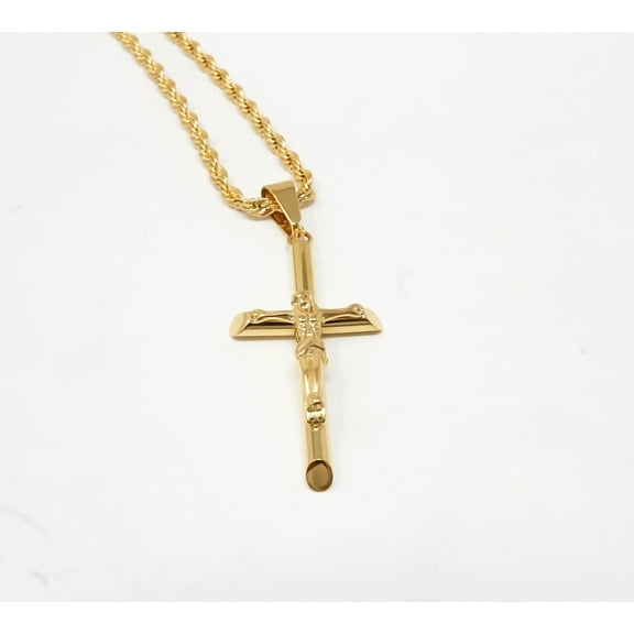 24K Rope Gold Filled Cross Crucifix Pendant Necklace for Men, Women, Fashion Jewelry, Wear Alone or with Pendant