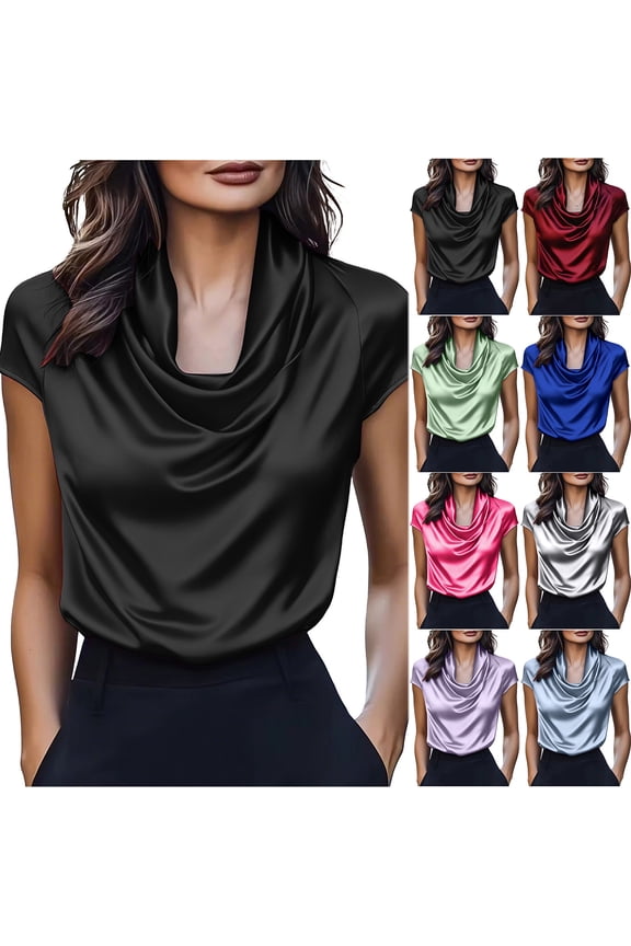 Women's Elegant Cowl Neck Satin Blouse Summer Short Sleeve Office Work Shirt Silk Top Dressy Casual Draped Front Tunic T-Shirts Black XXL