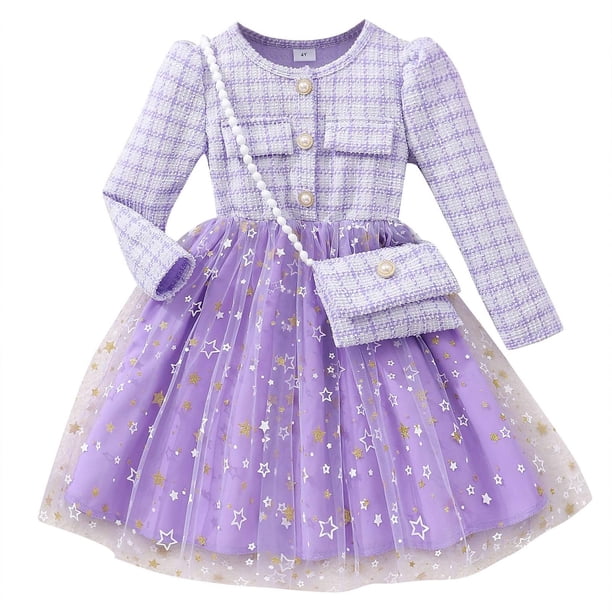 Odeerbi Vestido de Tul Con Lentejuelas Brillantes Para Niñas Vestido de Punto de Cuadros Escoceses Con Bolsa Vestido de Malla de Estrellas de Manga Larga