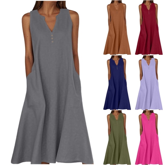FNFYFH Plus Size Tank Maxi Dress for Women Summer V Neck Sleeveless Long Beach Linen Dresses Casual Loose Sundress with Pockets