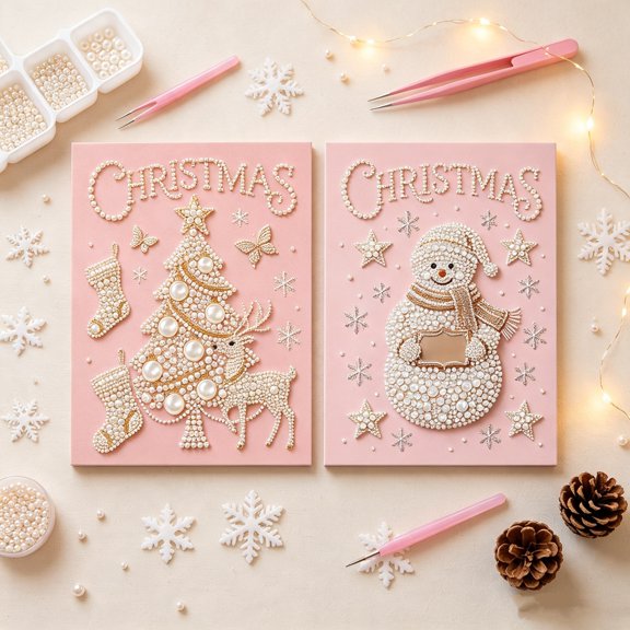 MInHoues Christmas Pearl Painting DIY Kit, Pink Background Festive Pattern Dot‑Art Hand‑Craft Set, Xmas Decoration for Greeting Card Making to Freinds, Snowman