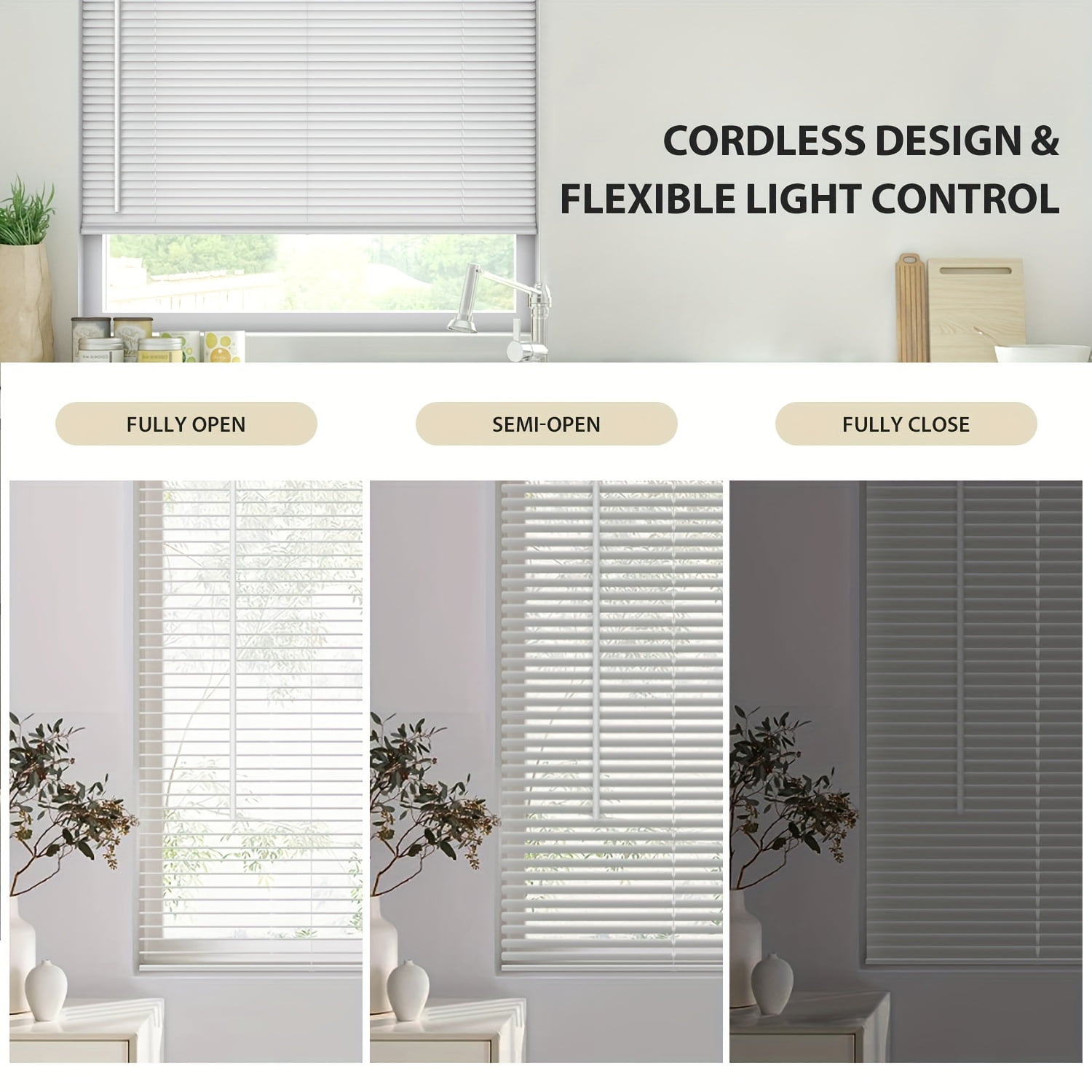 1pc Adjustable Cordless Vinyl Mini Blinds For Windows, Classic Style, Light Filtering Shades, No Tools-No Drill Installation (20-48 Inch Widths, 36 To 72 Inch Heights)
