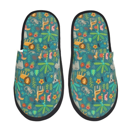 Balery Jungle Animals Slient Indoor Furry Fleece Comfort House Shoes Soft Non-Slip Home Shoes Cotton slippers House Slippers-- Large