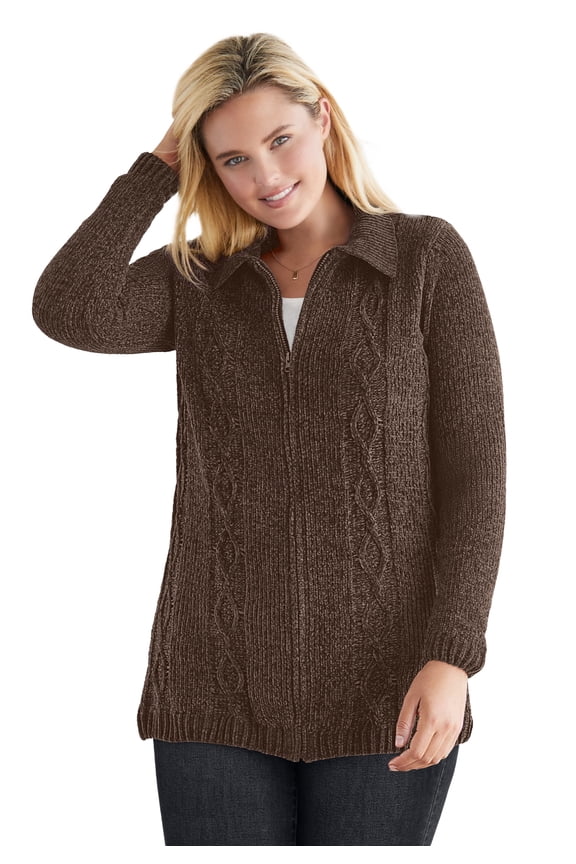 Plus Size Chenille Zip Cable Cardigan Sweater